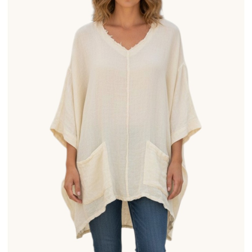MATCHPOINT LA FIXSUN Thin LINEN Beige DROPPED SHOULDER LAGENLOOK Blouse/Top Sz M